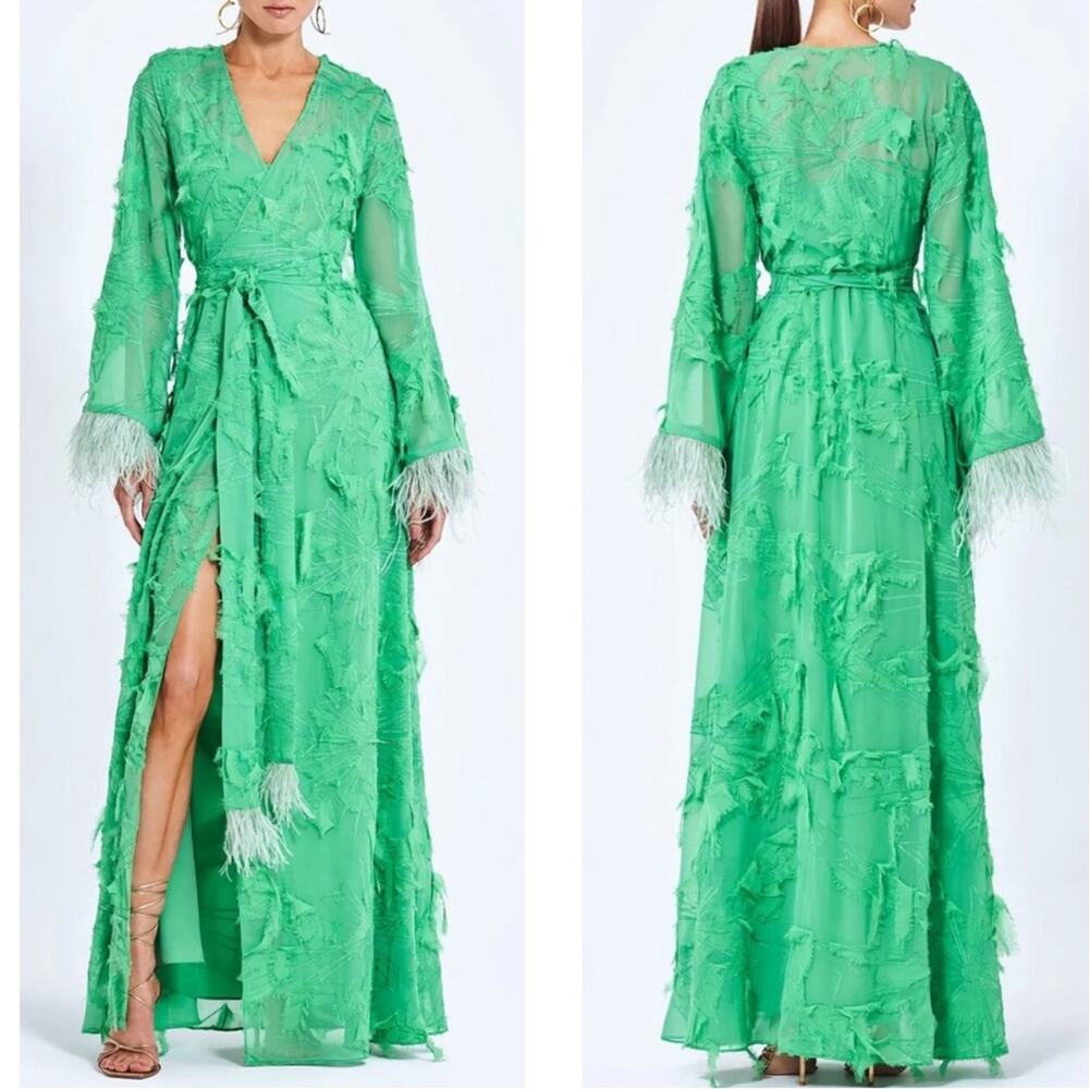 ALEXIS Kalin Feather Trim Long Sleeve Floral Appliqué Wrap Belt Maxi Dress Sz XS